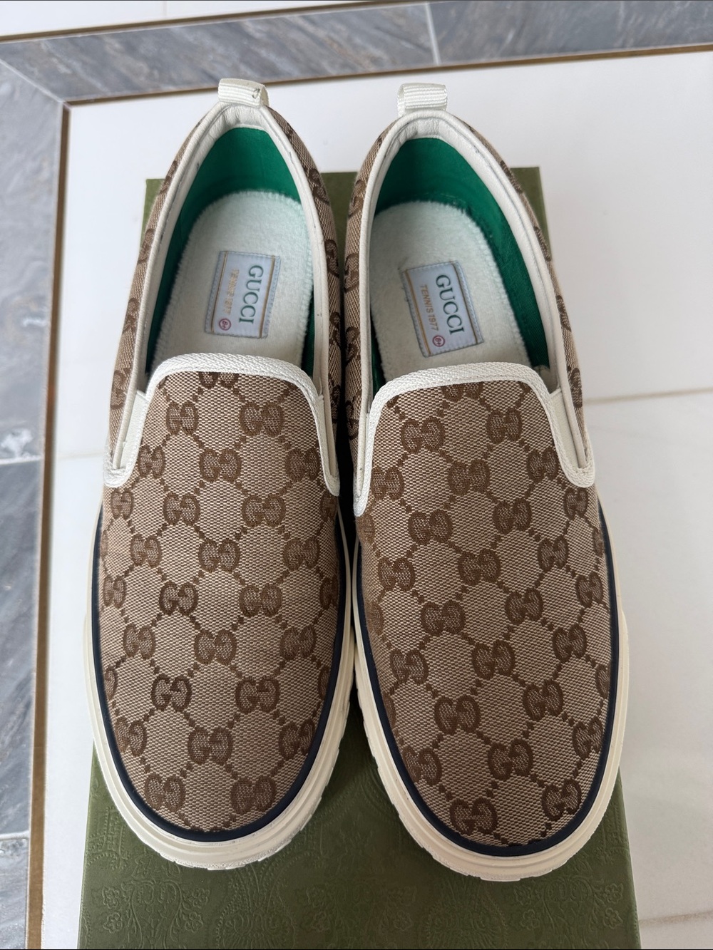 Gucci Brown GG Canvas Slip-On Loafers with Green Lining